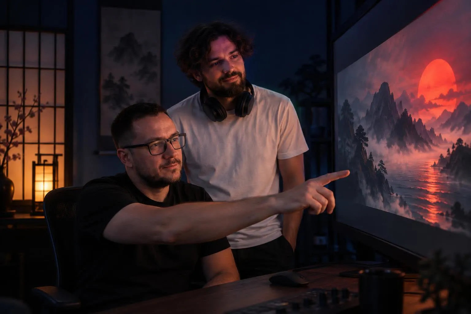 Bartłomiej i Szymon w studiu przed dużym ekranem z kadrem filmu: czerwone słońce nad górami we mgle
